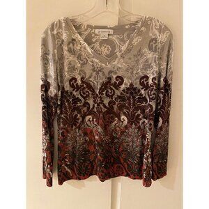 Liz Claiborne Wine /Gray/White Ombre Paisley Floral Pullover V-Neck Top …